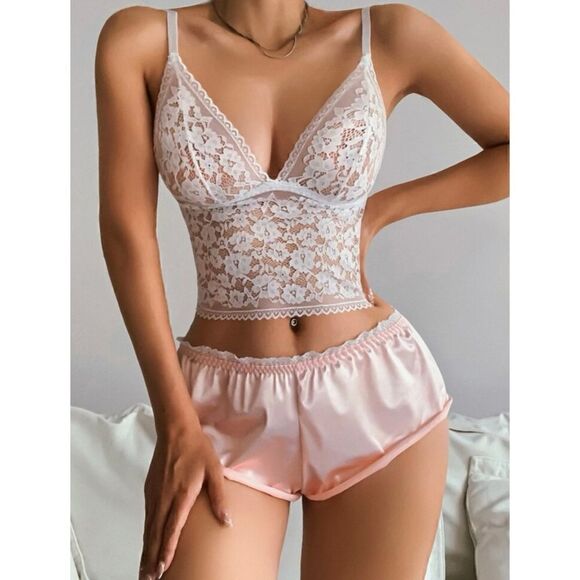 Floral Lace Bralette Silky Satin Shorts Sleepwear Set - Picture 5 of 8